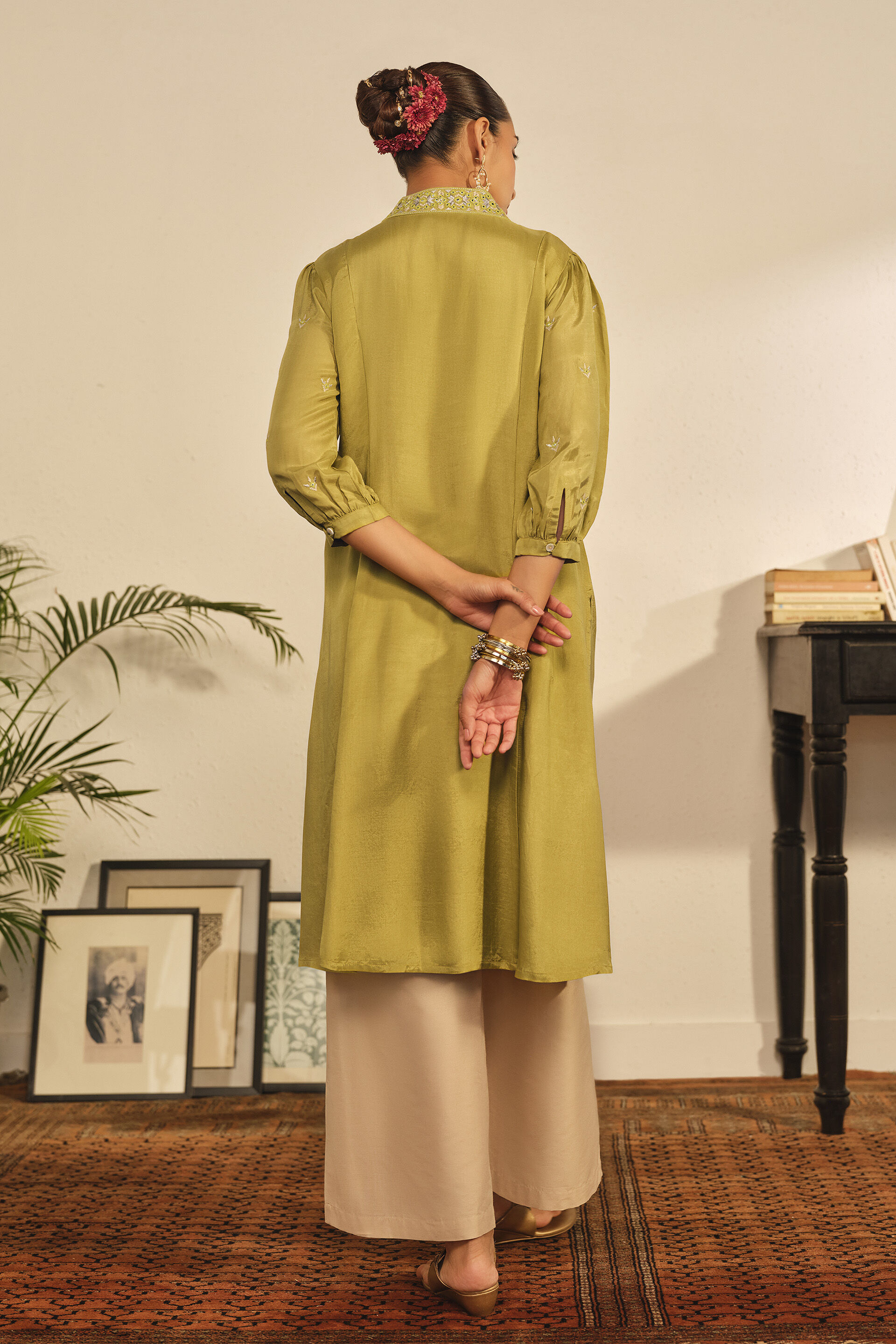 Embroidered A-line Kurta in Lime Green, Lime Green, image 6